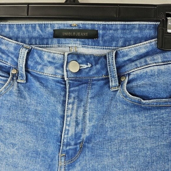 Uniqlo Skinny Jeans Womens 27 Blue Distressed Mid Rise Stretch Comfort Acid Wash - Picture 3 of 12